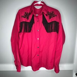 Vintage Lilia Smitty Western Cowgirl Rodeo Shirt Pink Black Fringe Womens Medium